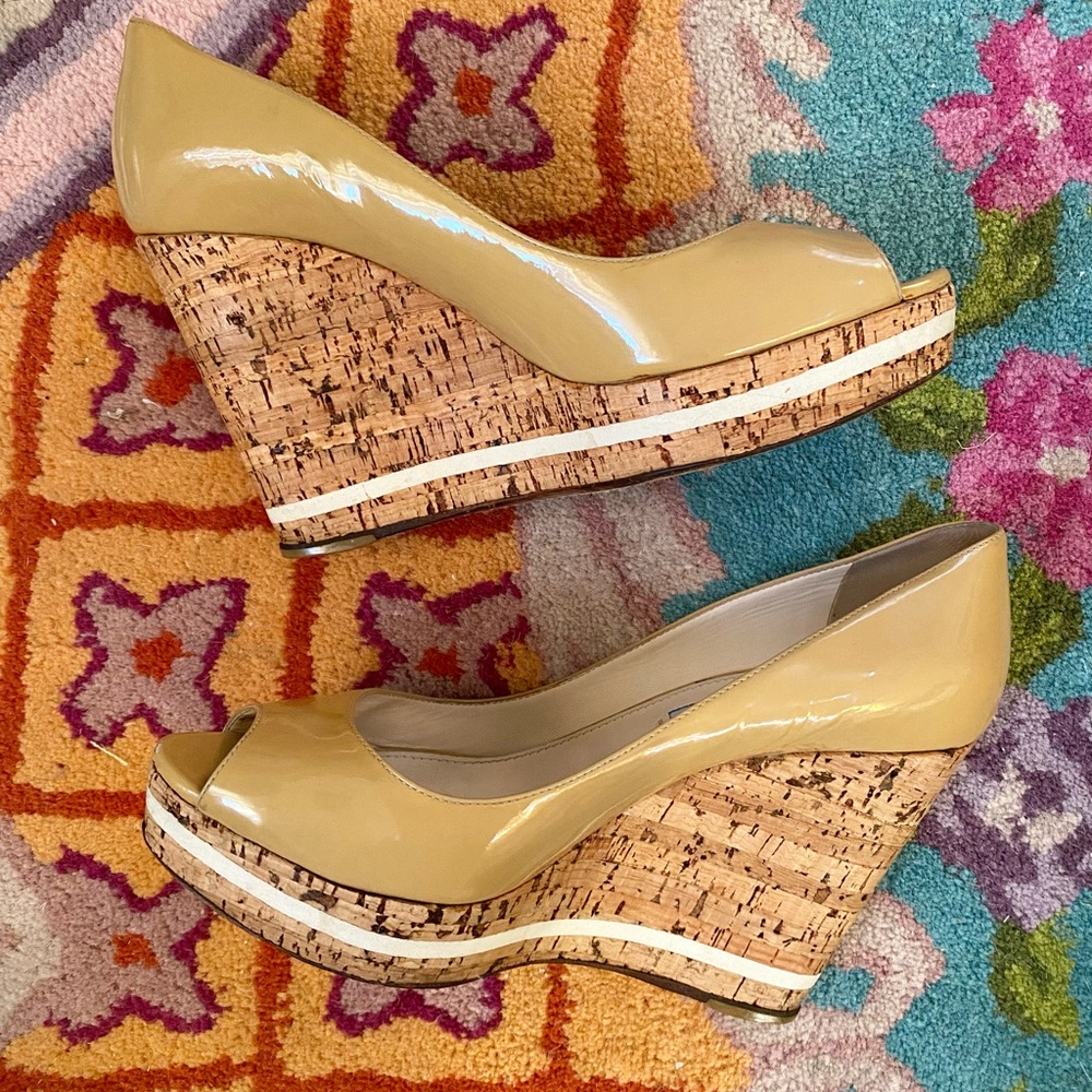 Prada Patent Leather Wedge Peep Toe Shoes